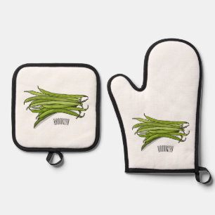 Green beans cartoon illustration  oven mitt & pot holder set
