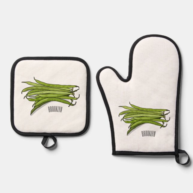 Green beans cartoon illustration  oven mitt & pot holder set (Front)