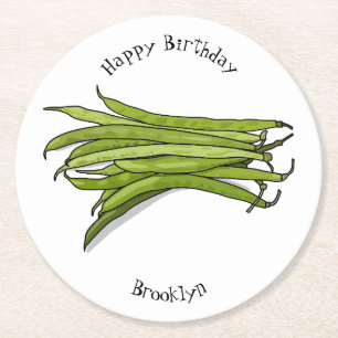 Green beans cartoon illustration round paper coaster