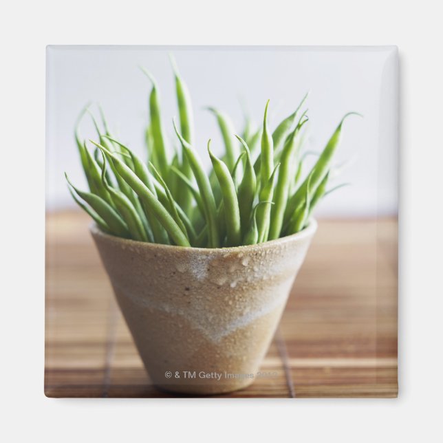 Green beans in pot on bamboo surface magnet (Front)