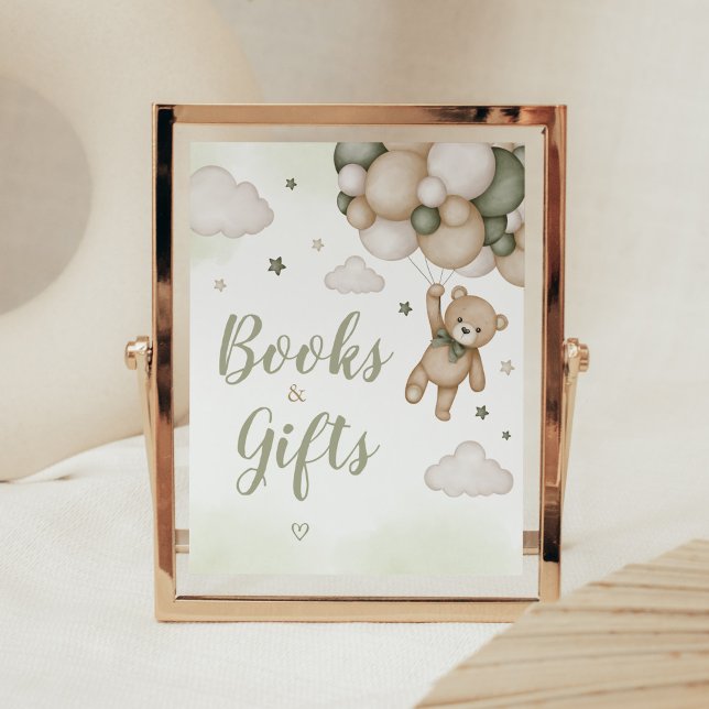 Green Bear Balloon Baby Shower Books and Gifts Poster (Boho Bear Baby Shower Books and Gifts Sign)