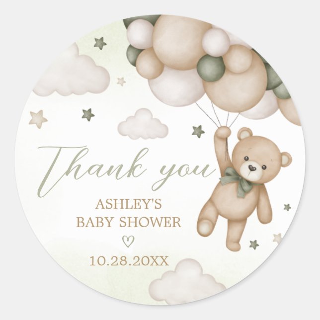 Green Bear Balloon Baby Shower Classic Round Sticker (Front)