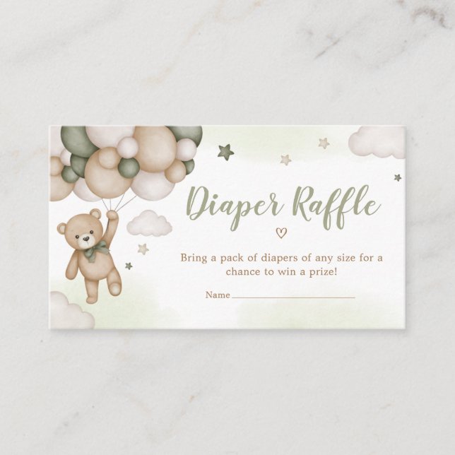 Green Bear Balloon Baby Shower Diaper Raffle Enclosure Card (Front)