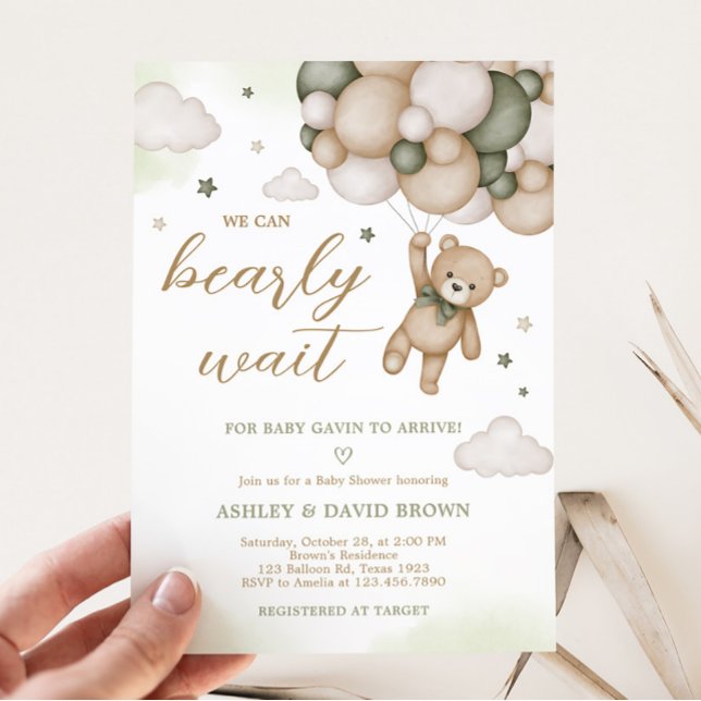 Green Bear Balloon Baby Shower  Invitation (Boho Bear Baby Shower Invitation)