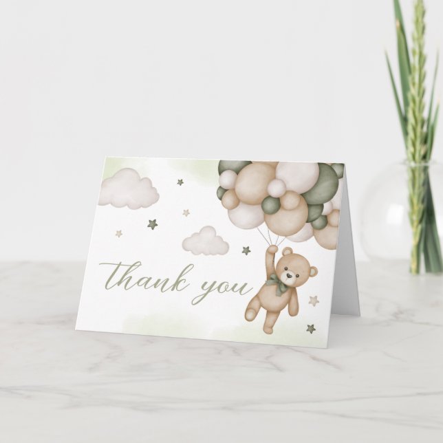 Green Bear Balloon Baby Shower  Thank You Card (Front)