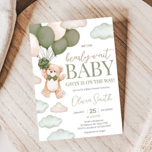 Green Bear Balloon Bearly Wait Baby Shower Invitation
