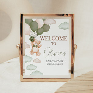 Green Bear Balloon Bearly Wait Baby Shower Welcome Poster