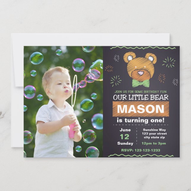 Green Bear Birthday Invitation with photo (Front)