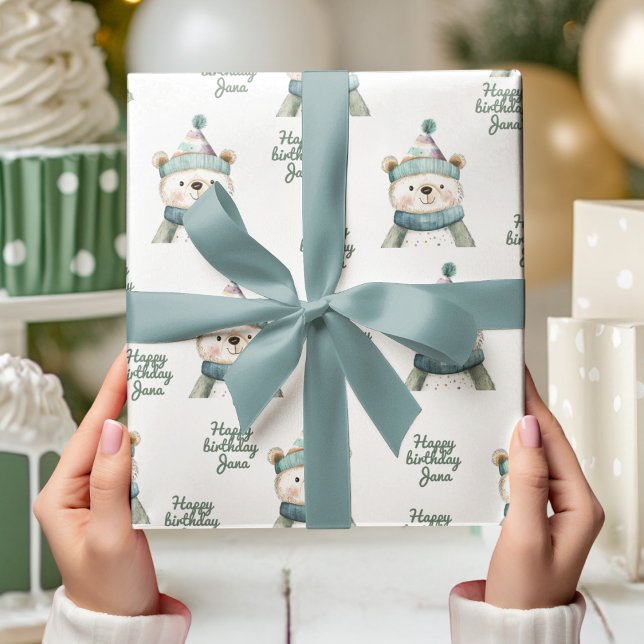 Green Bear Birthday | Winter Wonderland Party  Wrapping Paper (Creator Uploaded)