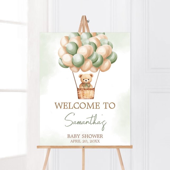 Green Bear Hot Air Balloon Baby Shower Welcome Poster (Gender Neutral Baby Bear Balloons Baby Shower Welcome Sign)