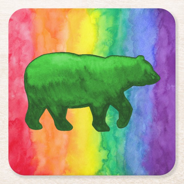 Green Bear on Rainbow Wash Paper Coaster (Front)