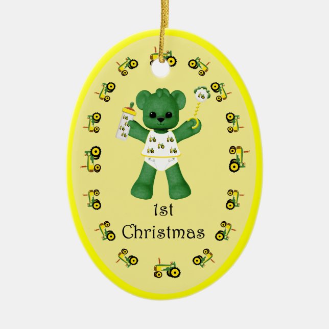 Green Bear Tractor 1st Christmas Ornament (Front)