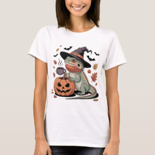 Green Bearded Dragon Halloween Witch Art T-Shirt