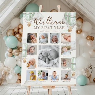 Green Beary First Birthday Photo Timeline Poster
