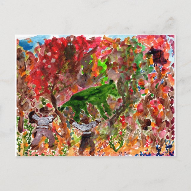 Green beast in red trees postcard (Front)
