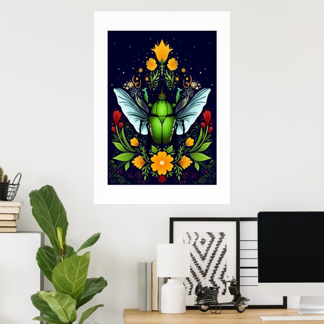 Green beatle with fly and flowers poster (Home Office)