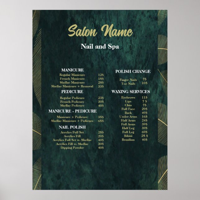 Green Beauty Nail Salon Price List menu Poster (Front)
