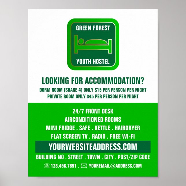 Green Bed Logo, Hostel Accommodation Advertising Poster (Front)