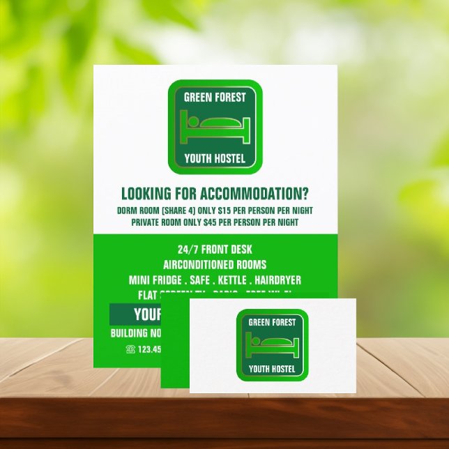 Green Bed Logo, Hostel Accommodation Business Card (Creator Uploaded)