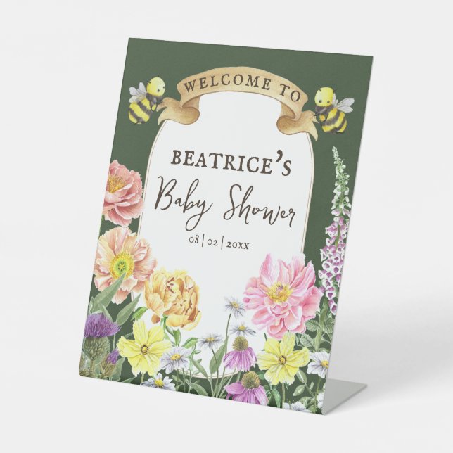 Green Bee and Wildflower Baby Shower Welcome Pedestal Sign (Front)