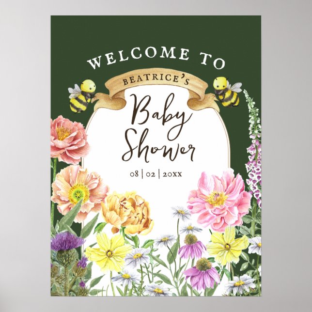 Green Bee and Wildflower Baby Shower Welcome Poster (Front)