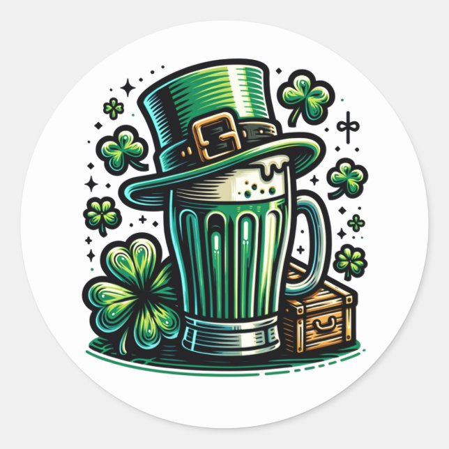 Green Beer and Leprechaun Hat Classic Round Sticker (Front)