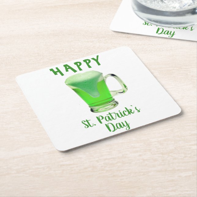 Green Beer Glass Happy St. Patrick`s day Square Paper Coaster (Angled)