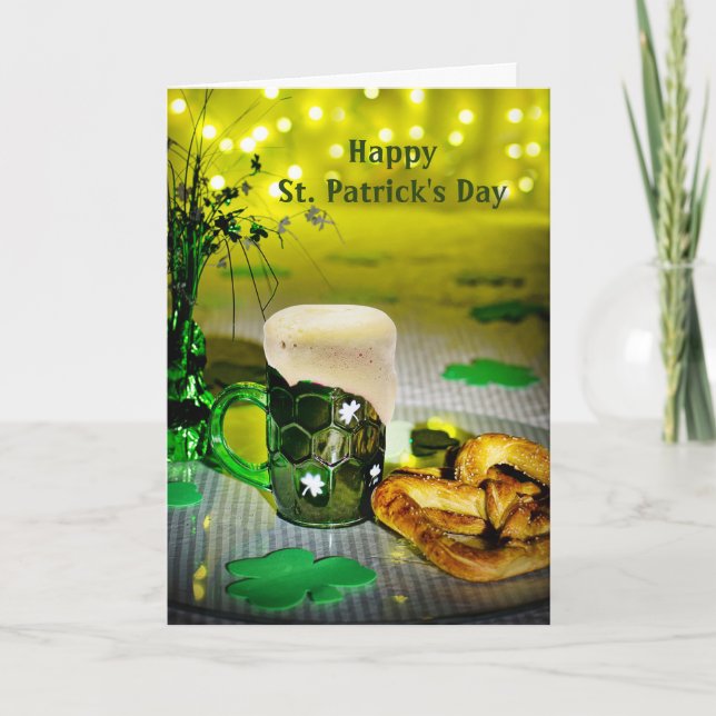 Green Beer Mug Shamrock Pretzels St. Patrick's Day Holiday Card (Front)