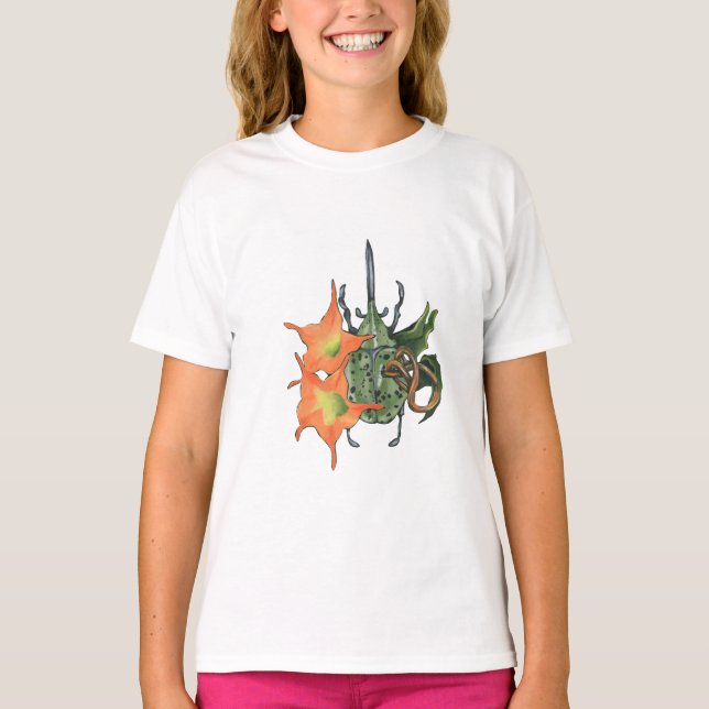 Green beetle with orange flowers T-Shirt (Front)