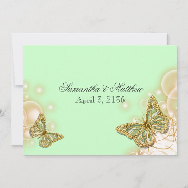 Green beige butterfly wedding invitation (Front)
