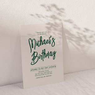 Green & Beige Chic Lettering Script Birthday Party Invitation
