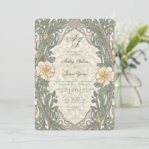 Green Beige Floral Botanical Wedding Invitation