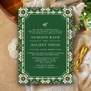 Green Beige Ikat Anand Karaj Sikh Wedding Invitation