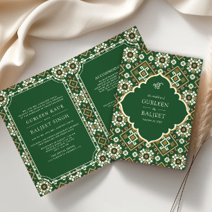 Green Beige Ikat Geometric All in One Sikh Wedding Invitation