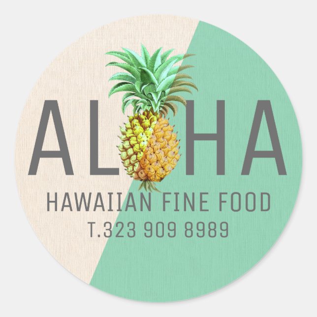 Green & Beige Linen Text Aloha With Pineapple Classic Round Sticker (Front)