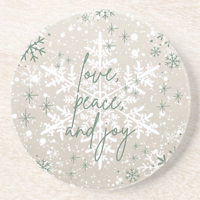 Green Beige Snowflakes Love Peace Joy Holiday Coaster (Front)