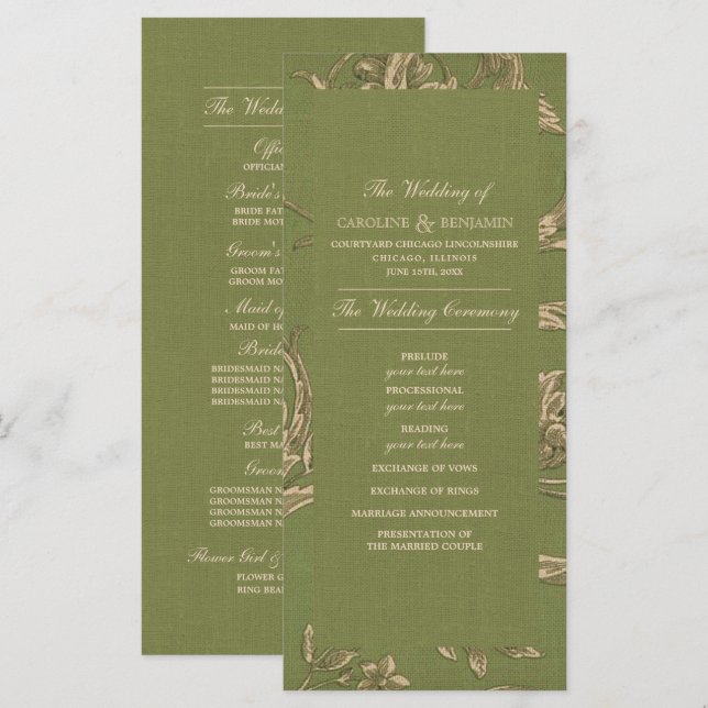 Green Beige Vintage Pattern Wedding Programs Programme (Front/Back)