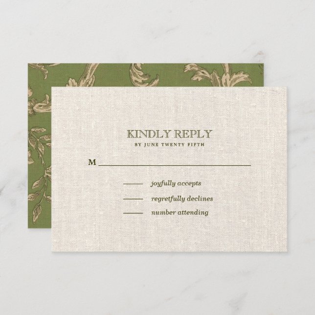 Green Beige Vintage Pattern Wedding RSVP Card (Front/Back)