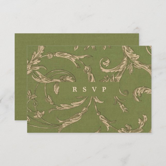 Green Beige Vintage Pattern Wedding RSVP Cards (Front/Back)