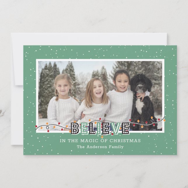 Green Believe In the Magic of Christmas Snow Photo Holiday Card (Front)