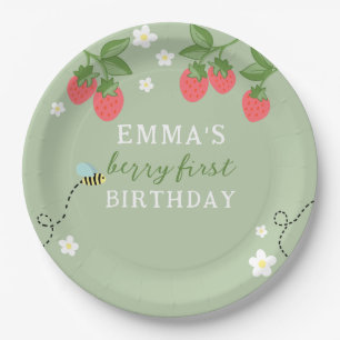 Green Berry First Pink Strawberry and Flowers Paper Plate