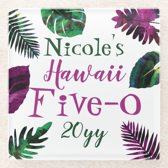 Green, Berry Pink Leaves Hawaii 5-0 50th Birthday Glass Coaster (Front)
