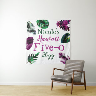 Green, Berry Pink Leaves Hawaii 5-0 50th Birthday Tapestry