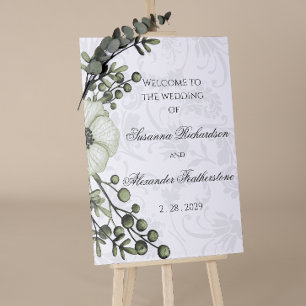 Green Berry Wreath Boho Damask Wedding Welcome Poster