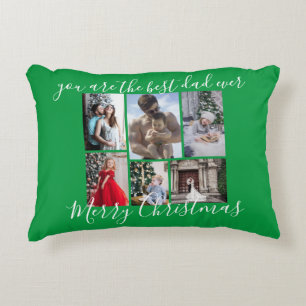 Green Best Dad Ever Merry Christmas Photo Collage Decorative Cushion