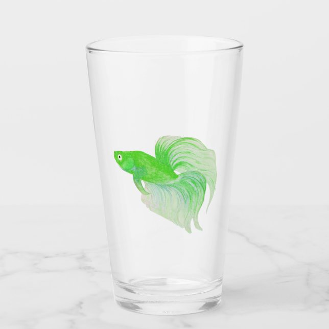 Green Betta Fish Watercolor Glass (Front)