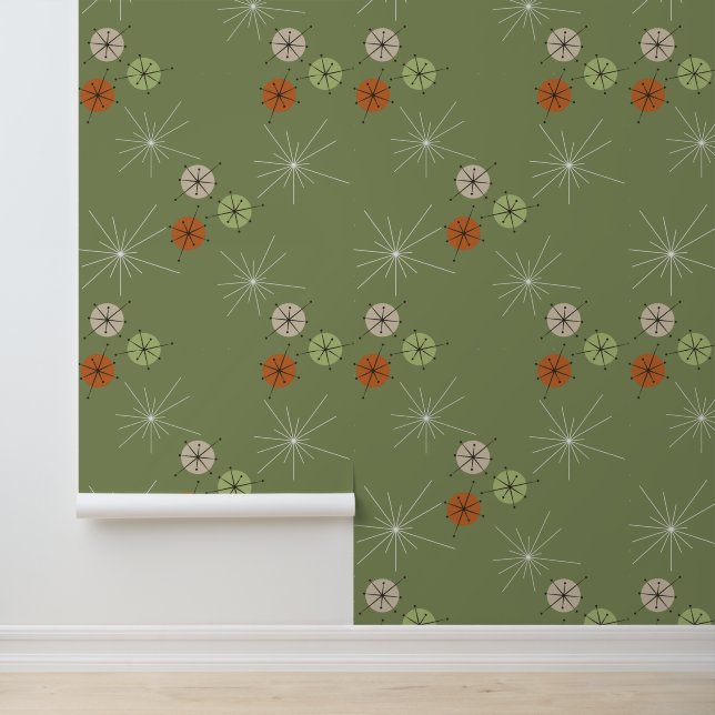 Green BG Mid Century Modern Circle and Stars  Wallpaper (Application)