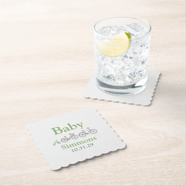 Green Bicycle Baby Shower Paper Coaster (Insitu)