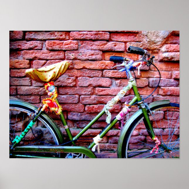 Green Bicycle Leaning Against a Brick Wall Poster (Front)