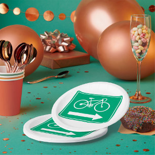 Green Bicycle Path Right Arrow Directional Sign Paper Plate